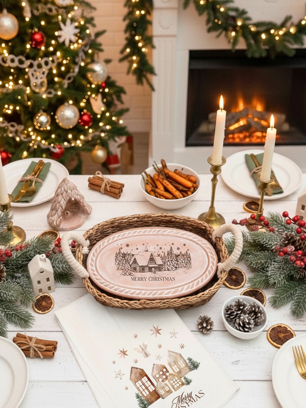 Bread Warmer & Basket Gift Set with Tea Towel - Christmas Village Oval