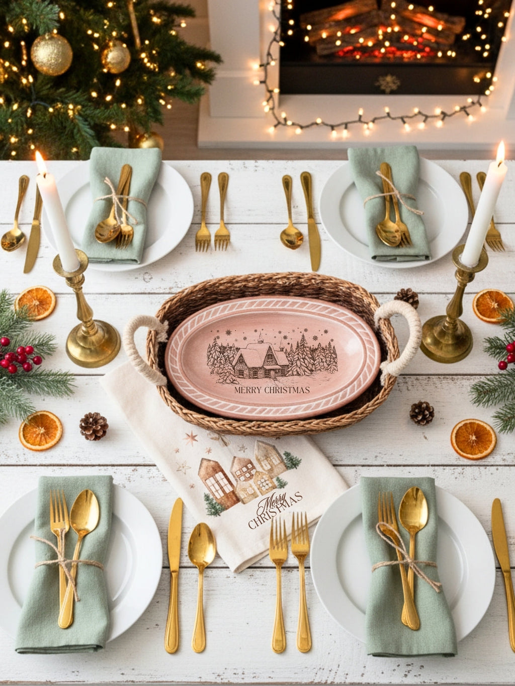 Bread Warmer & Basket Gift Set with Tea Towel - Christmas Village Oval