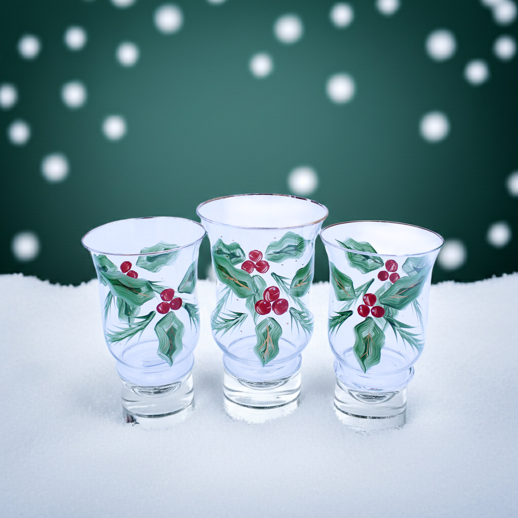 Set of 3 Hand-Painted Holly Hurricanes with Gold Trim Original Box