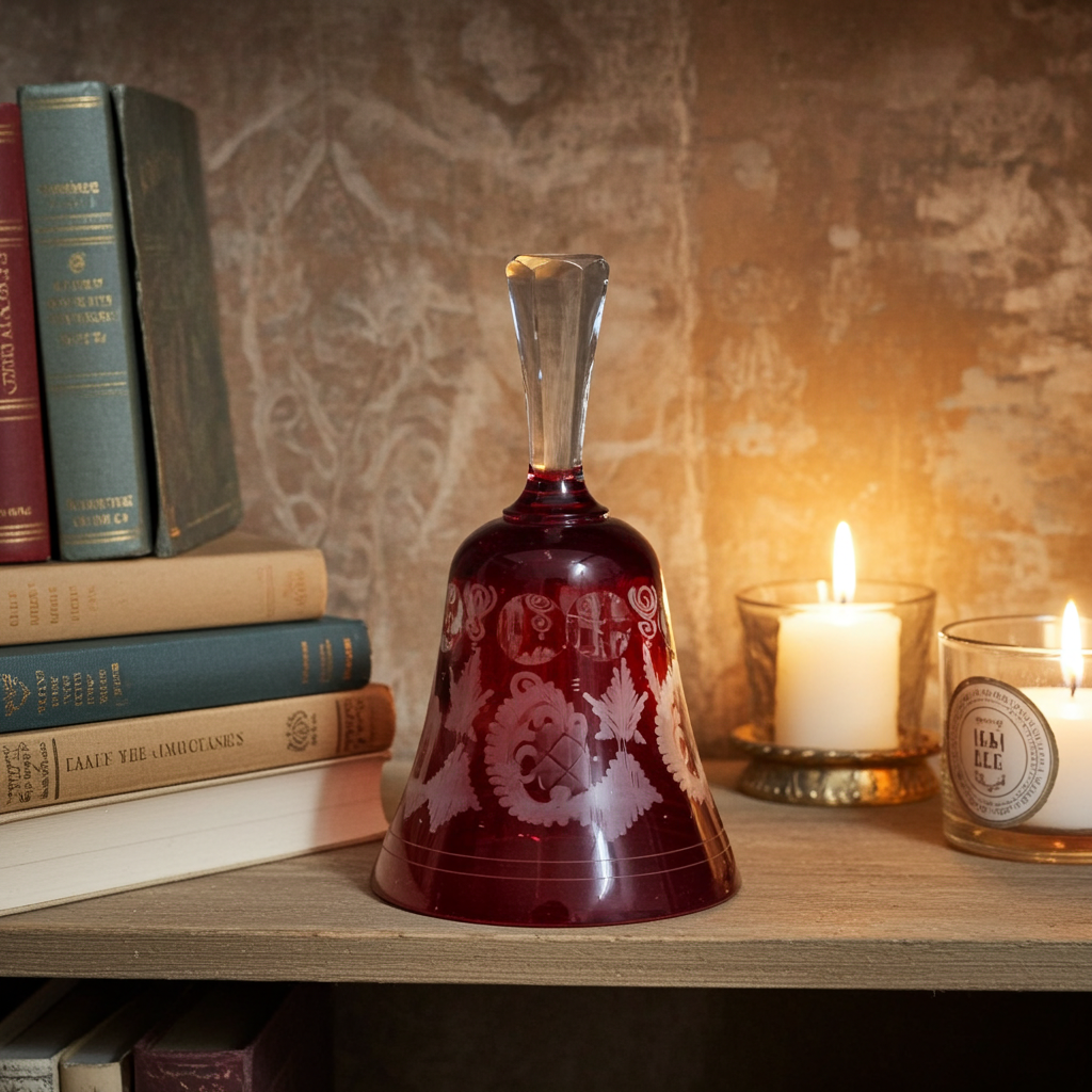 Vintage Bohemian Ruby Red Cut‑to‑Clear Glass Bell Bird Castle Motif 5.5"