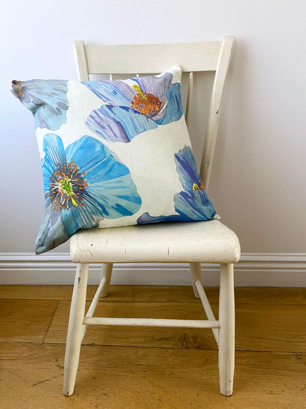 Throw Pillow: Himalayan Blue Poppies on Ecru