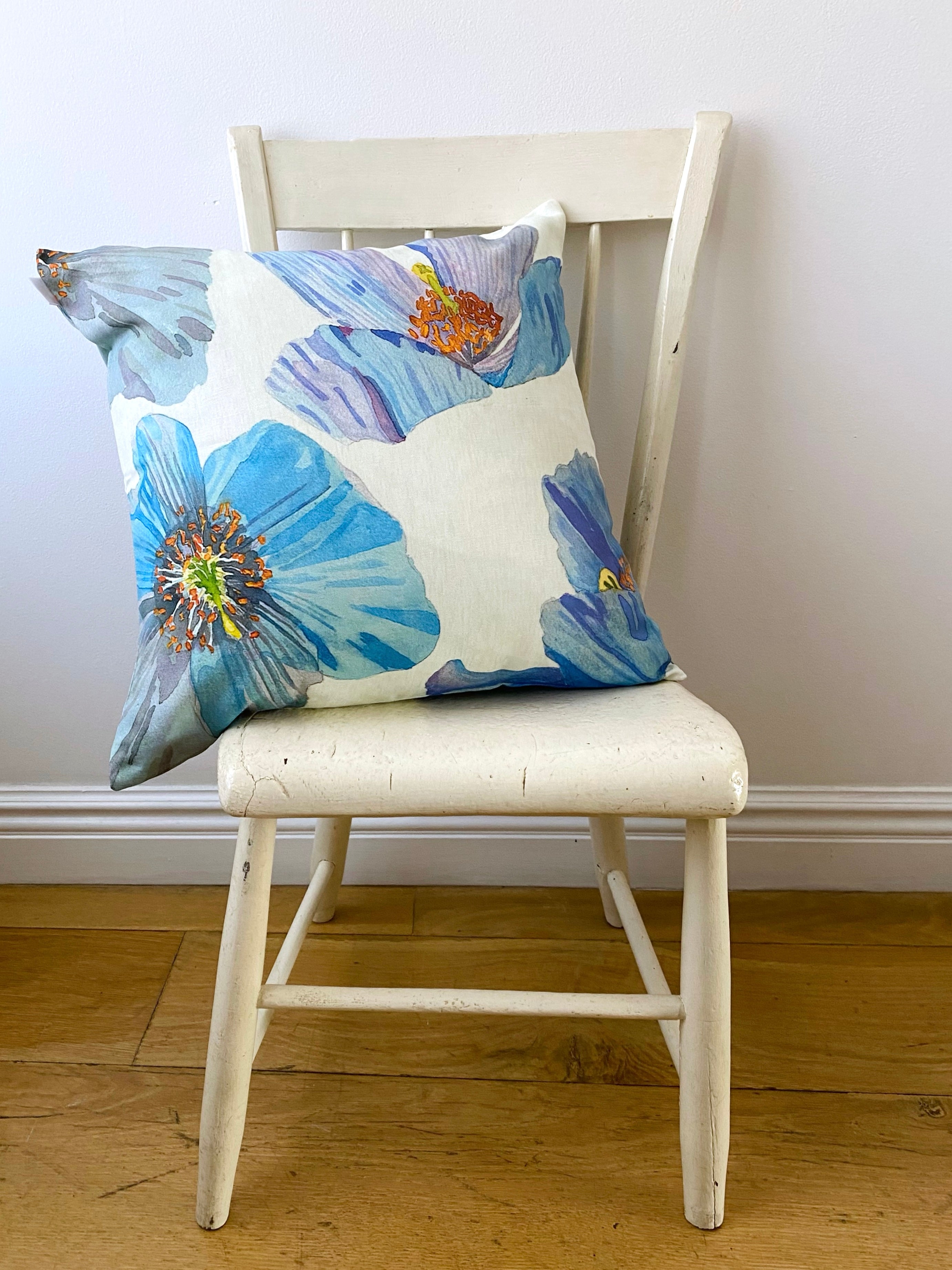 Throw Pillow: Himalayan Blue Poppies on Ecru