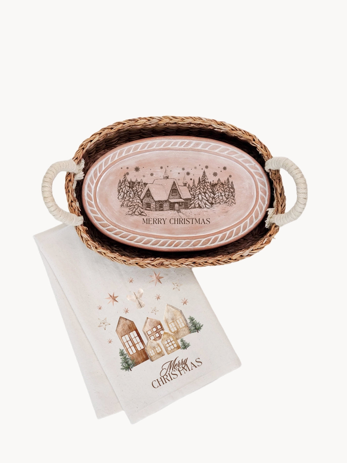 Bread Warmer & Basket Gift Set with Tea Towel - Christmas Village Oval
