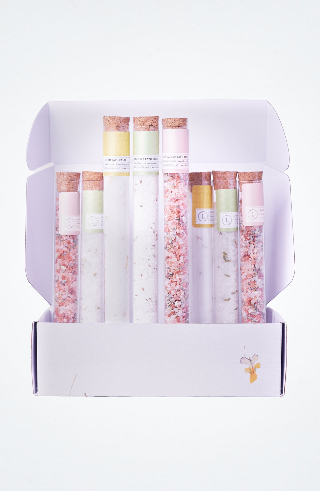 Natural Bath Salts Gift set in 8 Glass Tubes, Luxurious Bath Experience