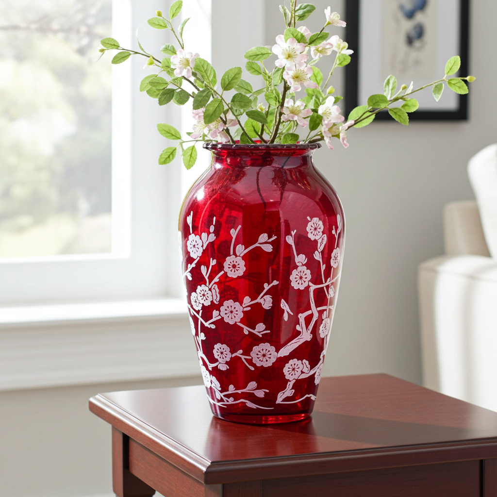 Vintage Anchor Hocking Royal Ruby Vase, Bird & Blossom Etch, 9"