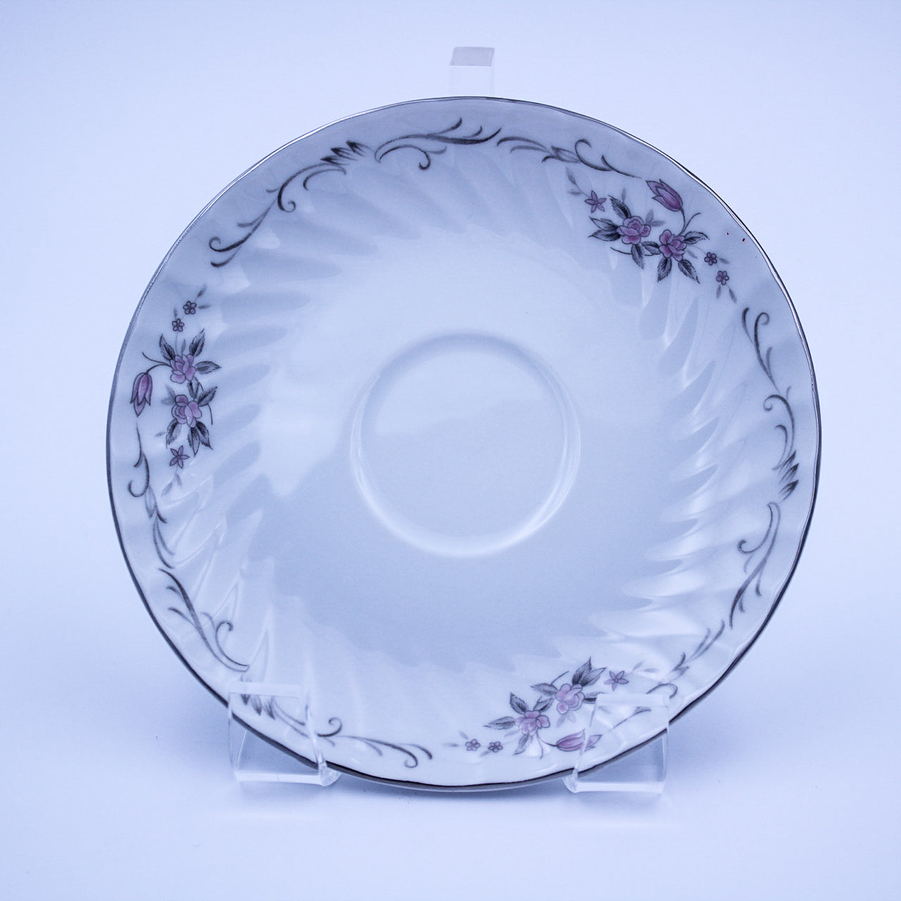 Gold Standard GST1 Porcelain Tea Saucer – Pink Rosebud Silver Edge Vintage