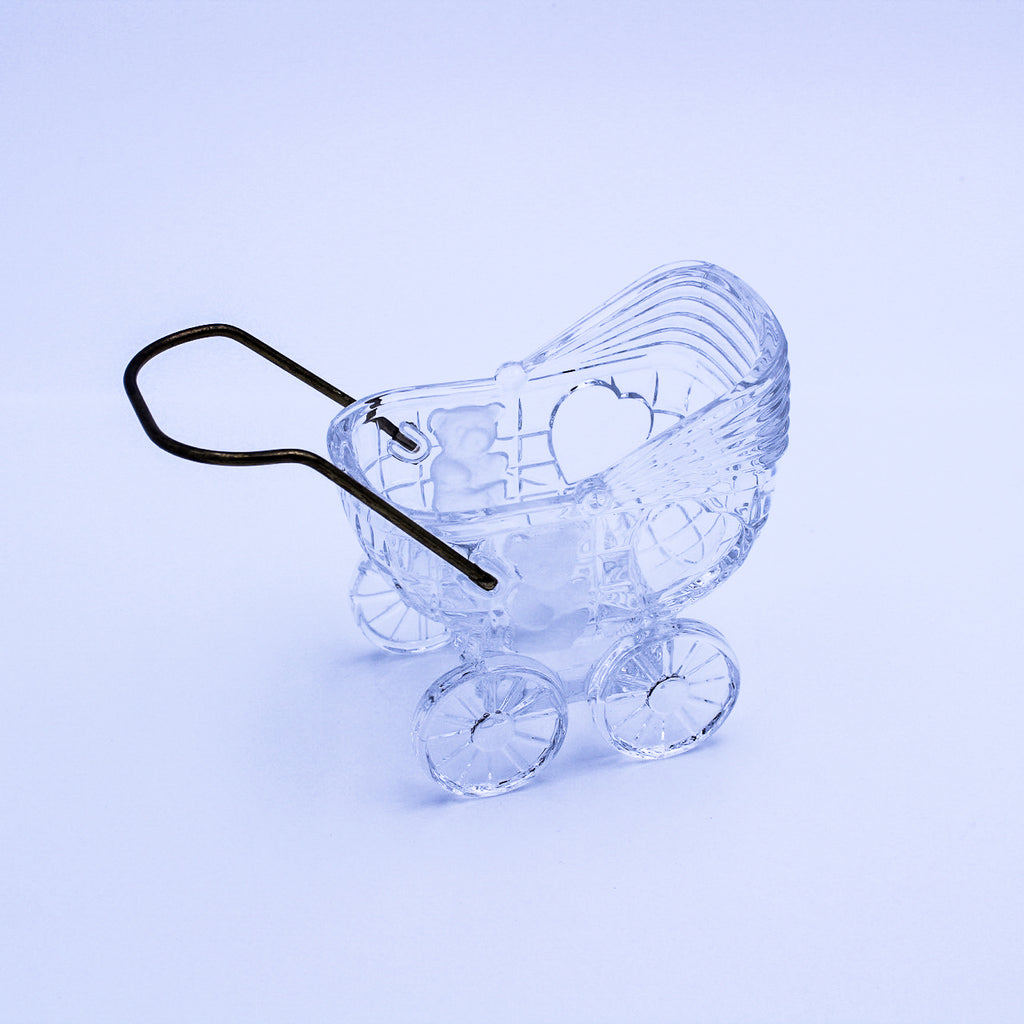 Crystal Glass Baby Carriage w/ Brass Handle, Bear & Heart Motif