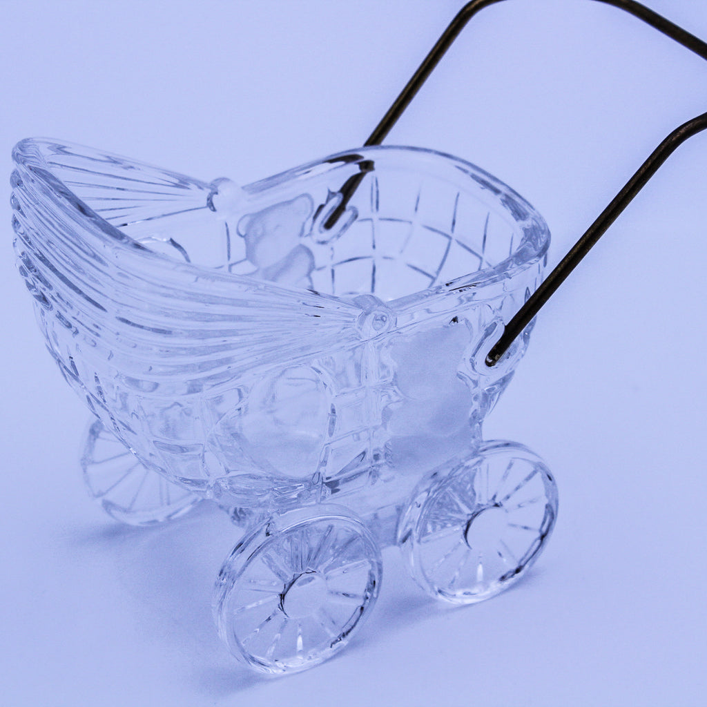 Crystal Glass Baby Carriage w/ Brass Handle, Bear & Heart Motif