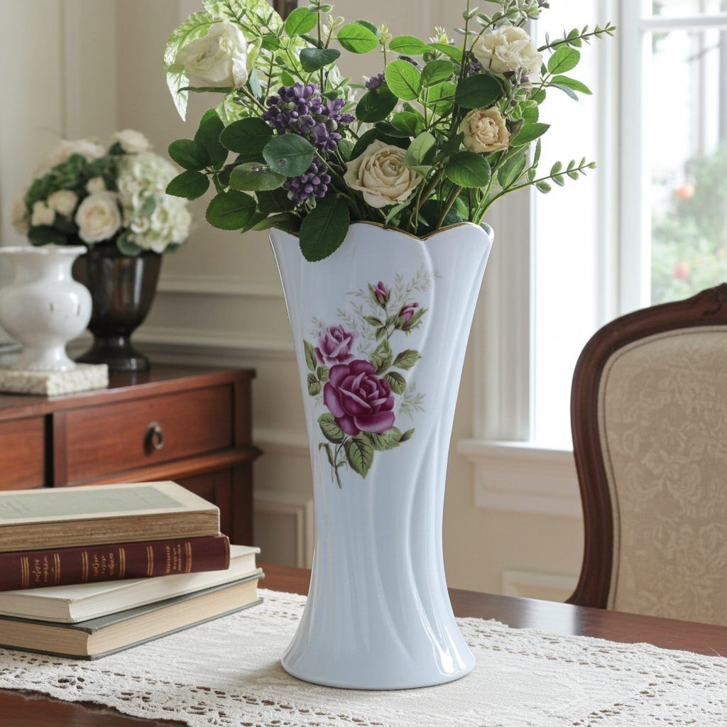 Vintage 12" Porcelain Vase – Pink Roses & Gold Trim