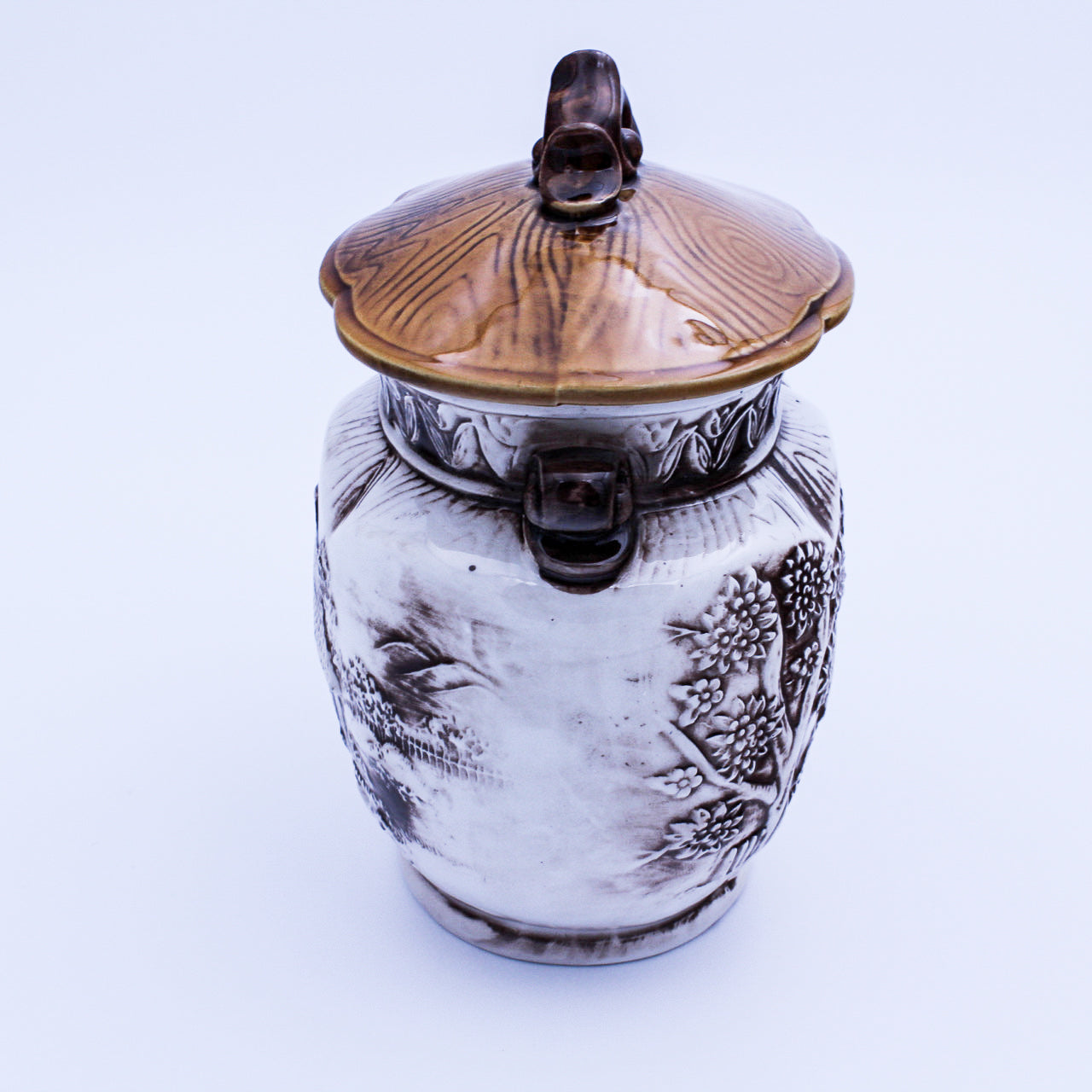 Cream Ceramic Cookie Jar – Raised Cottage Scene, Brown Glaze Accents