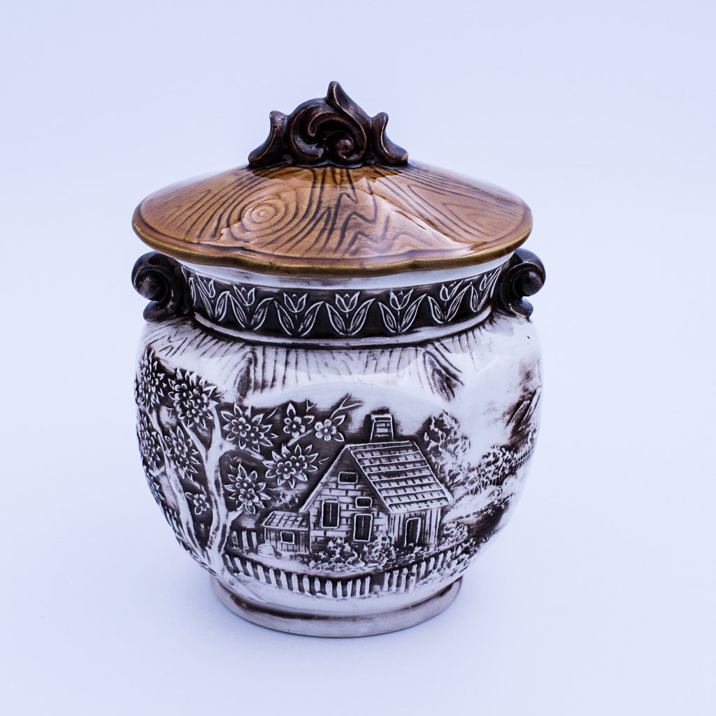 Cream Ceramic Cookie Jar – Raised Cottage Scene, Brown Glaze Accents