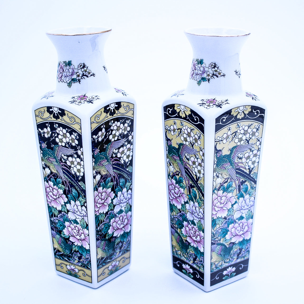 Vintage Empress by Haruta Ceramic Vases Set, Floral & Bird Square Design