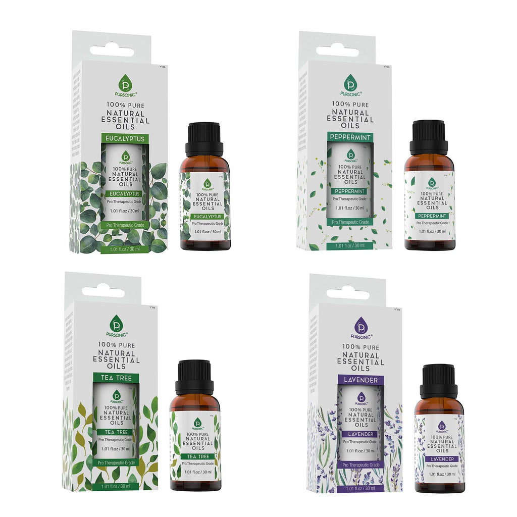Pursonic 4-Pack Pure & Natural Essential Oils Collection – Eucalyptus, Lavender, Tea Tree, and Peppermint
