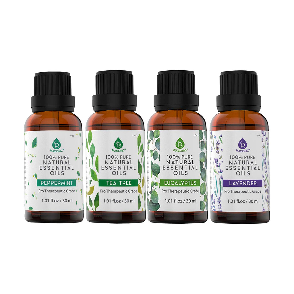 Pursonic 4-Pack Pure & Natural Essential Oils Collection – Eucalyptus, Lavender, Tea Tree, and Peppermint