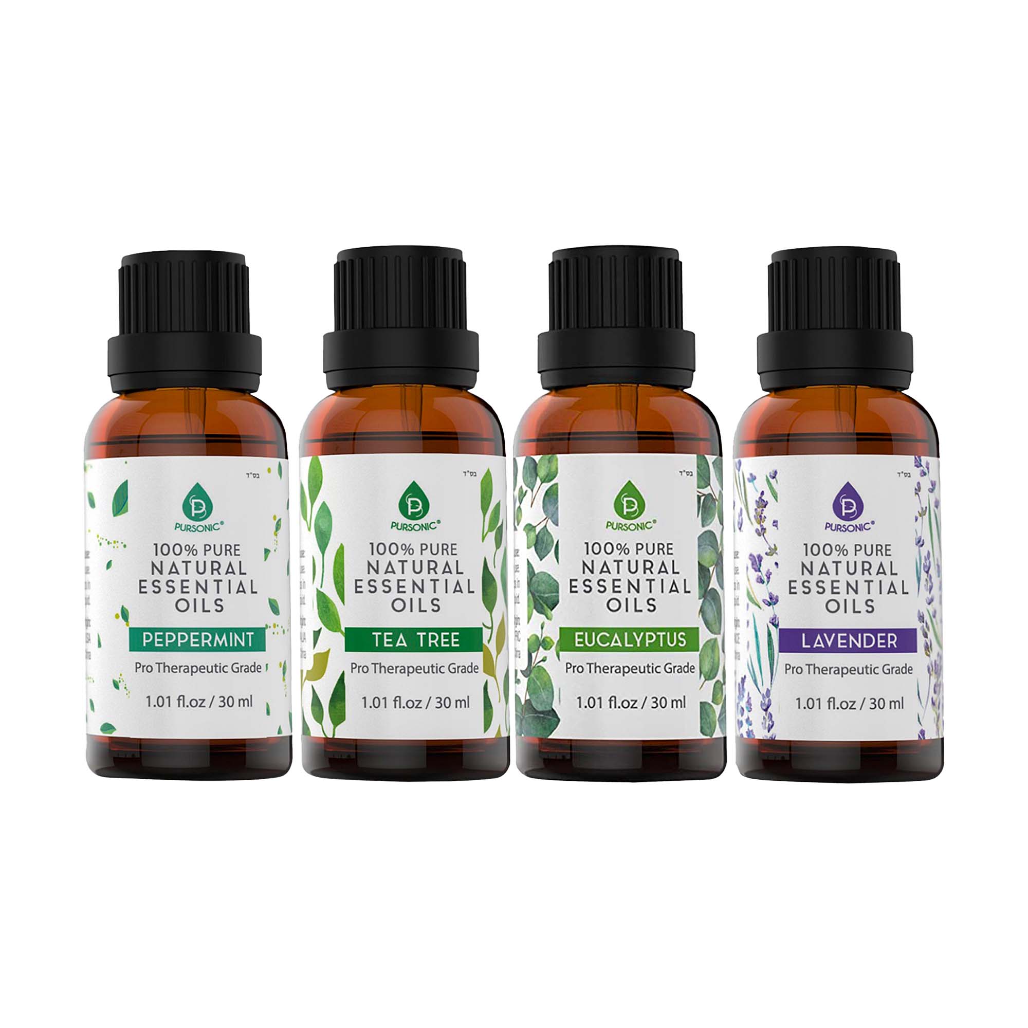 Pursonic 4-Pack Pure & Natural Essential Oils Collection – Eucalyptus, Lavender, Tea Tree, and Peppermint