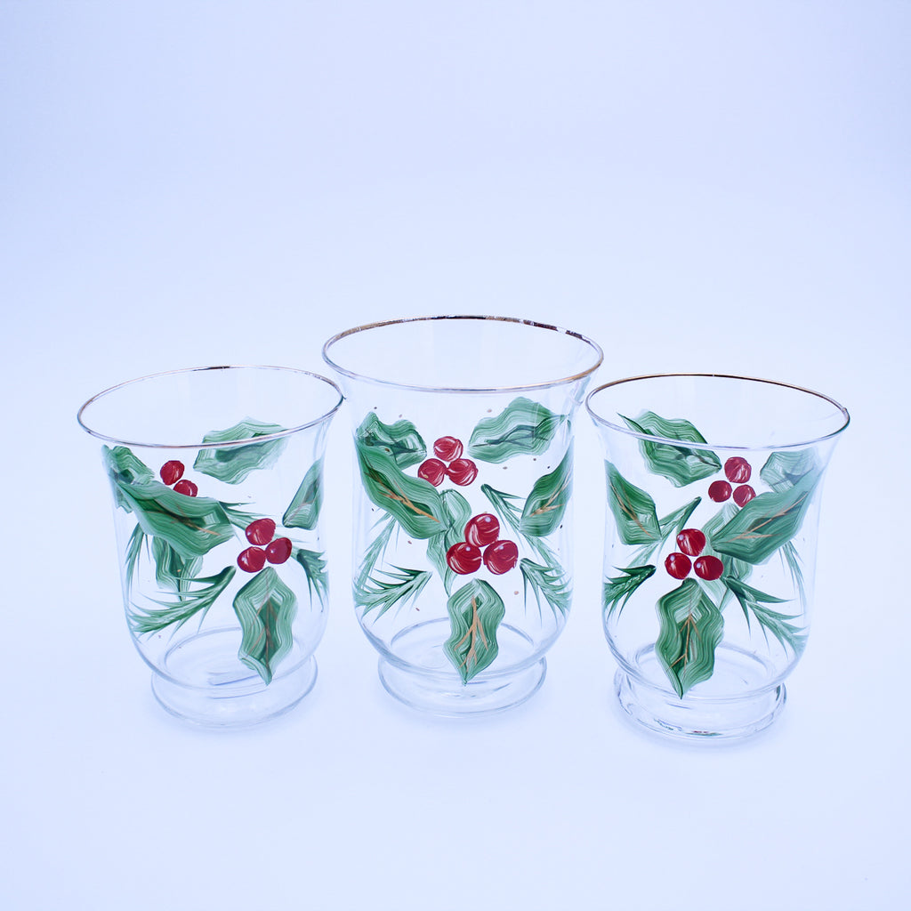 Set of 3 Hand-Painted Holly Hurricanes with Gold Trim Original Box