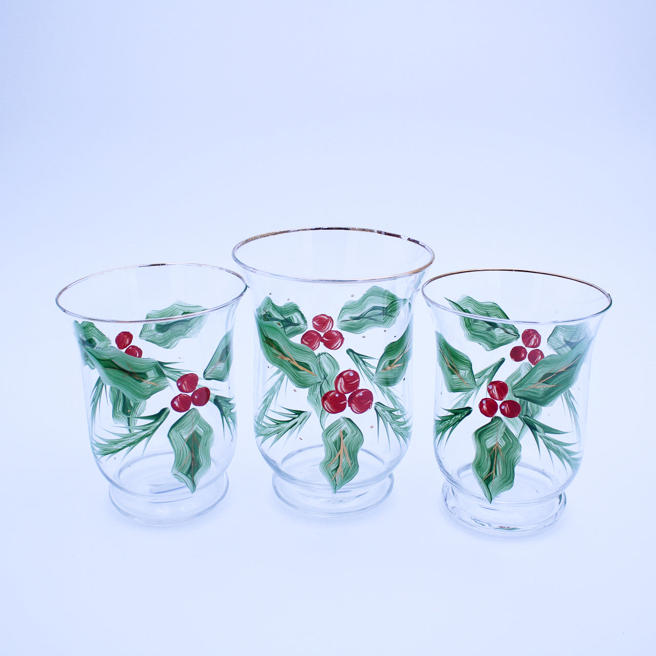 Set of 3 Hand-Painted Holly Hurricanes with Gold Trim Original Box