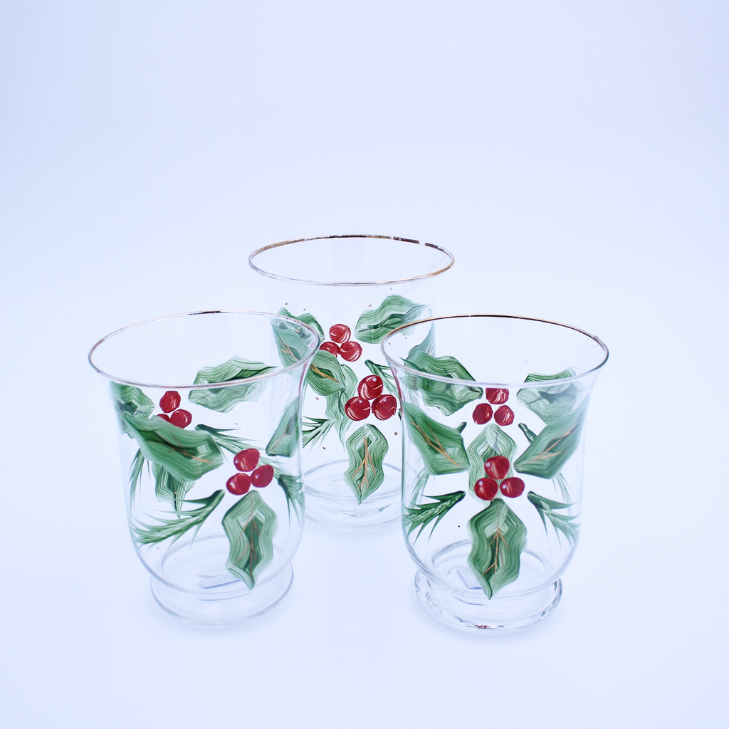 Set of 3 Hand-Painted Holly Hurricanes with Gold Trim Original Box