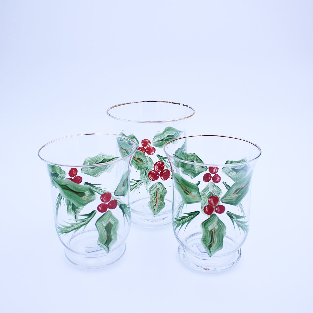 Set of 3 Hand-Painted Holly Hurricanes with Gold Trim Original Box