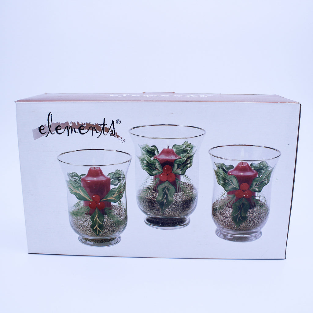 Set of 3 Hand-Painted Holly Hurricanes with Gold Trim Original Box