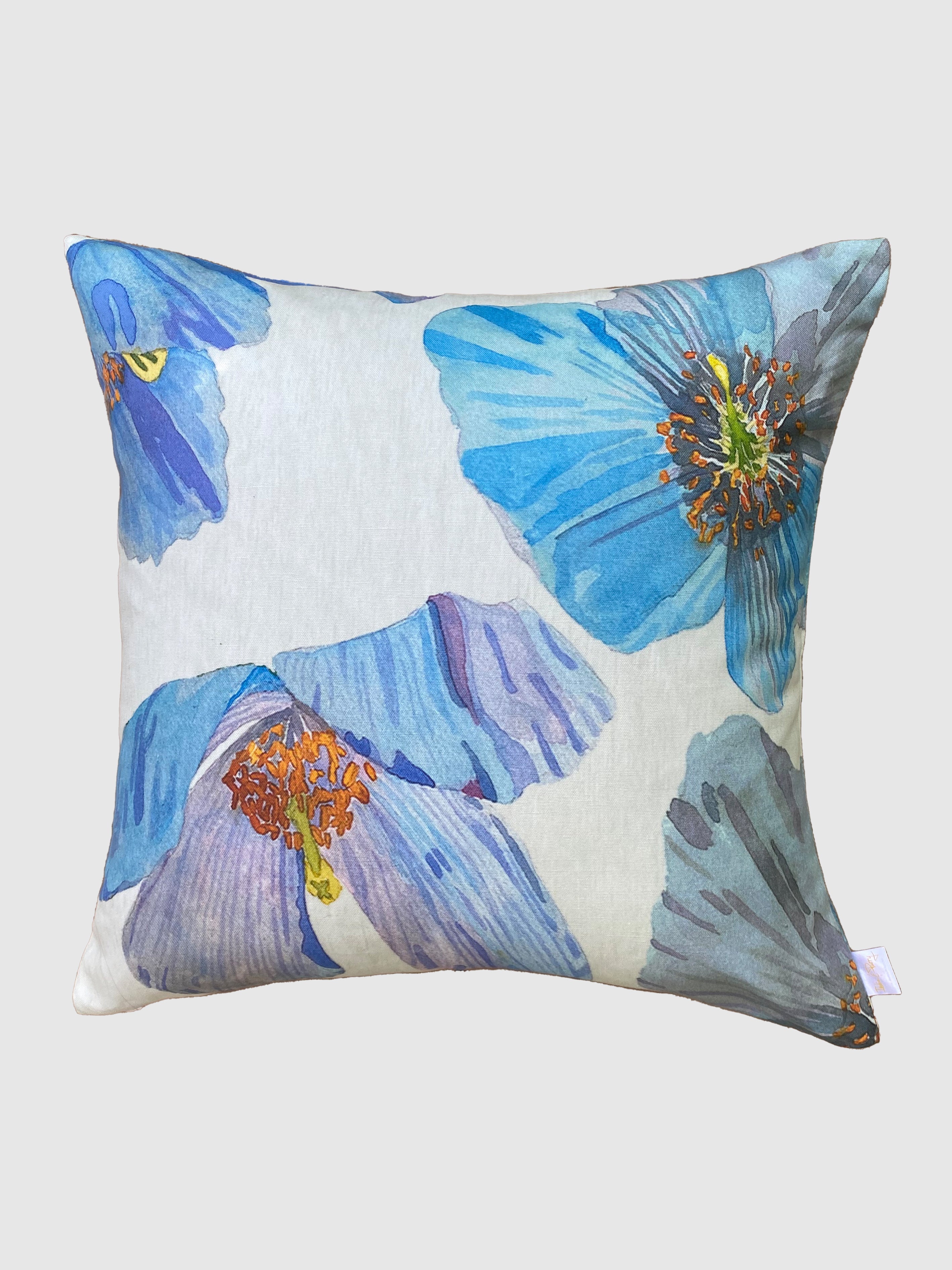 Throw Pillow: Himalayan Blue Poppies on Ecru