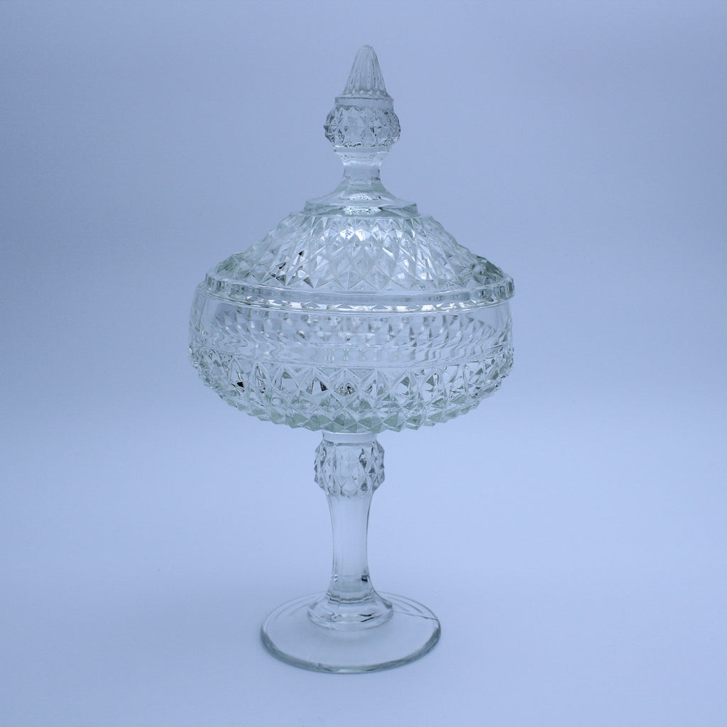 Vintage Indiana Glass Diamond Point Pedestal Candy Dish w/ Lid, 12"
