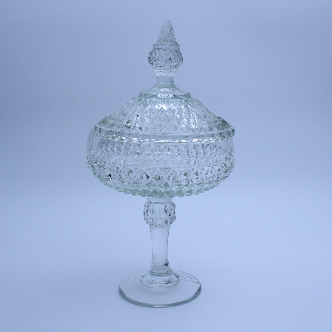 Vintage Indiana Glass Diamond Point Pedestal Candy Dish w/ Lid, 12"