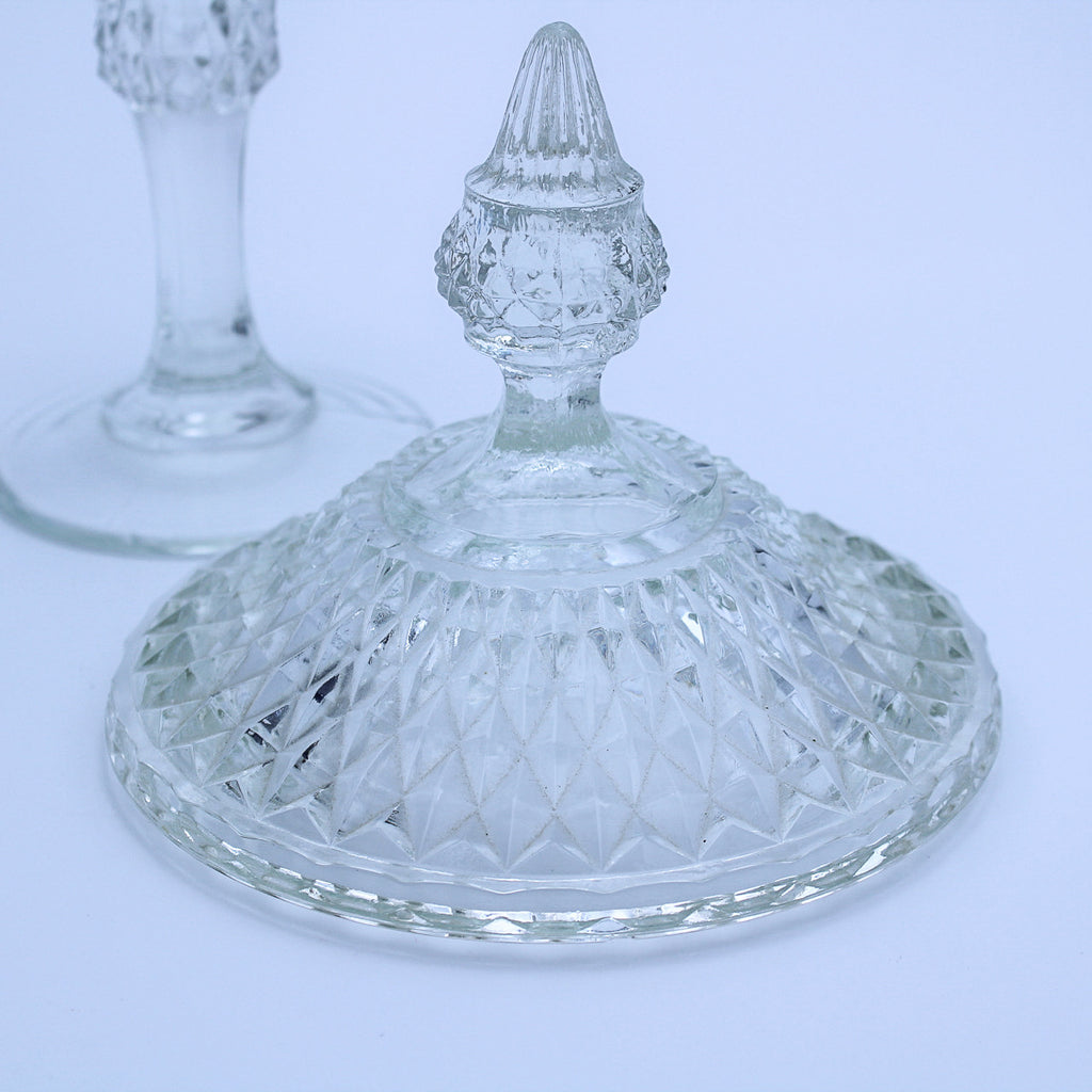 Vintage Indiana Glass Diamond Point Pedestal Candy Dish w/ Lid, 12"