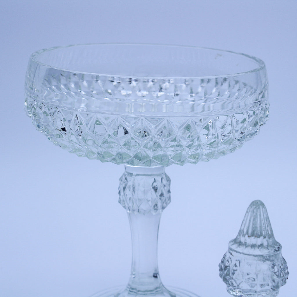Vintage Indiana Glass Diamond Point Pedestal Candy Dish w/ Lid, 12"
