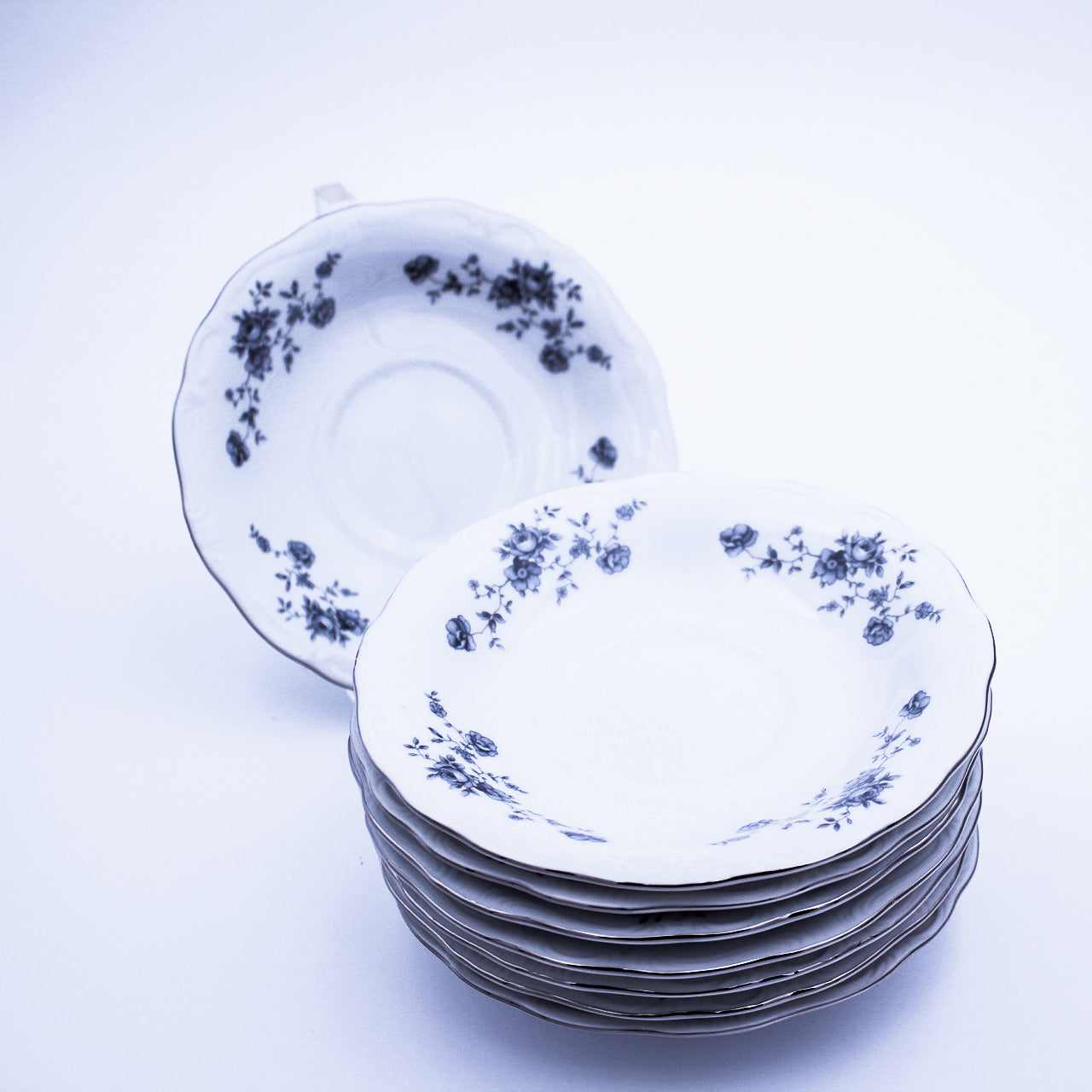 Johann Haviland Blue Garland Tea Saucers Set of 8 – Platinum Trim