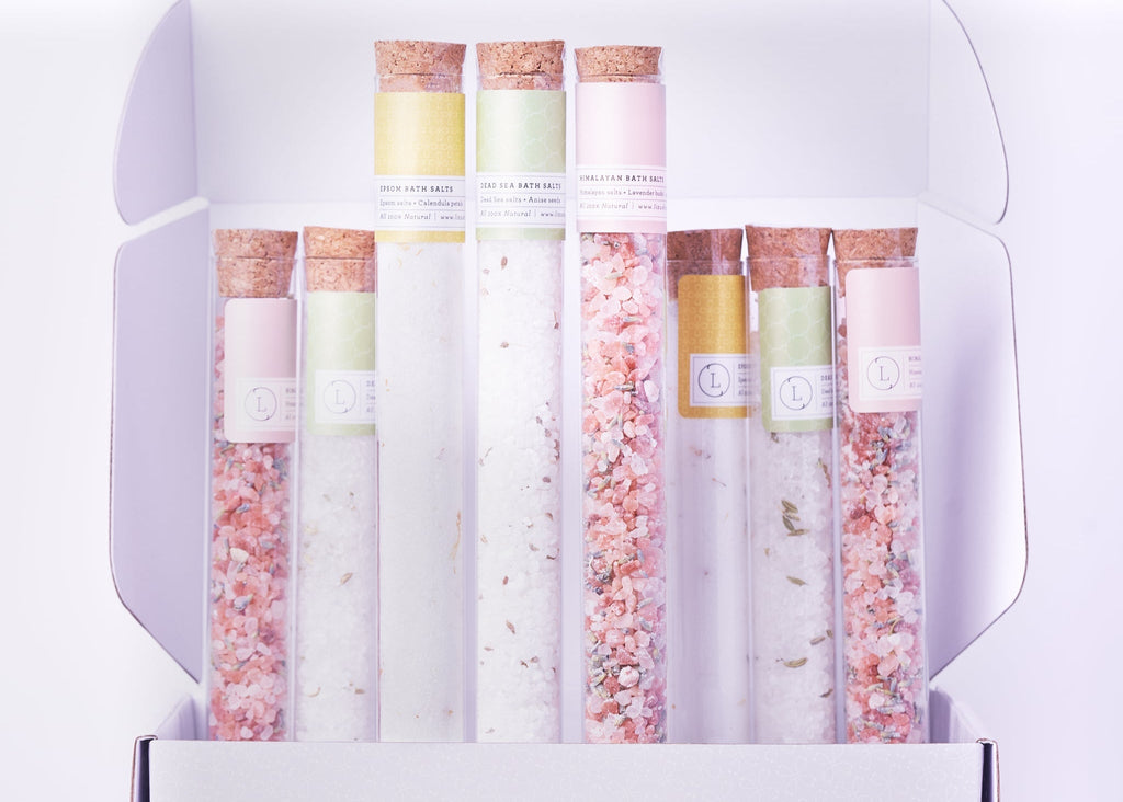 Natural Bath Salts Gift set in 8 Glass Tubes, Luxurious Bath Experience