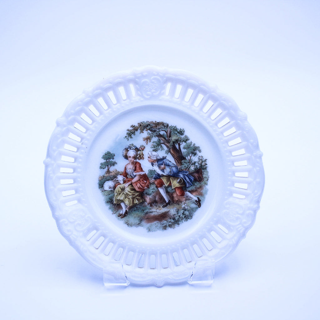 Vintage Kemple Milk Glass Openwork Plate w/ Romantic Scene