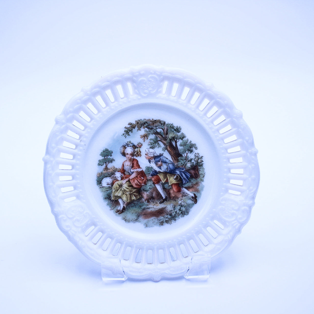 Vintage Kemple Milk Glass Openwork Plate w/ Romantic Scene