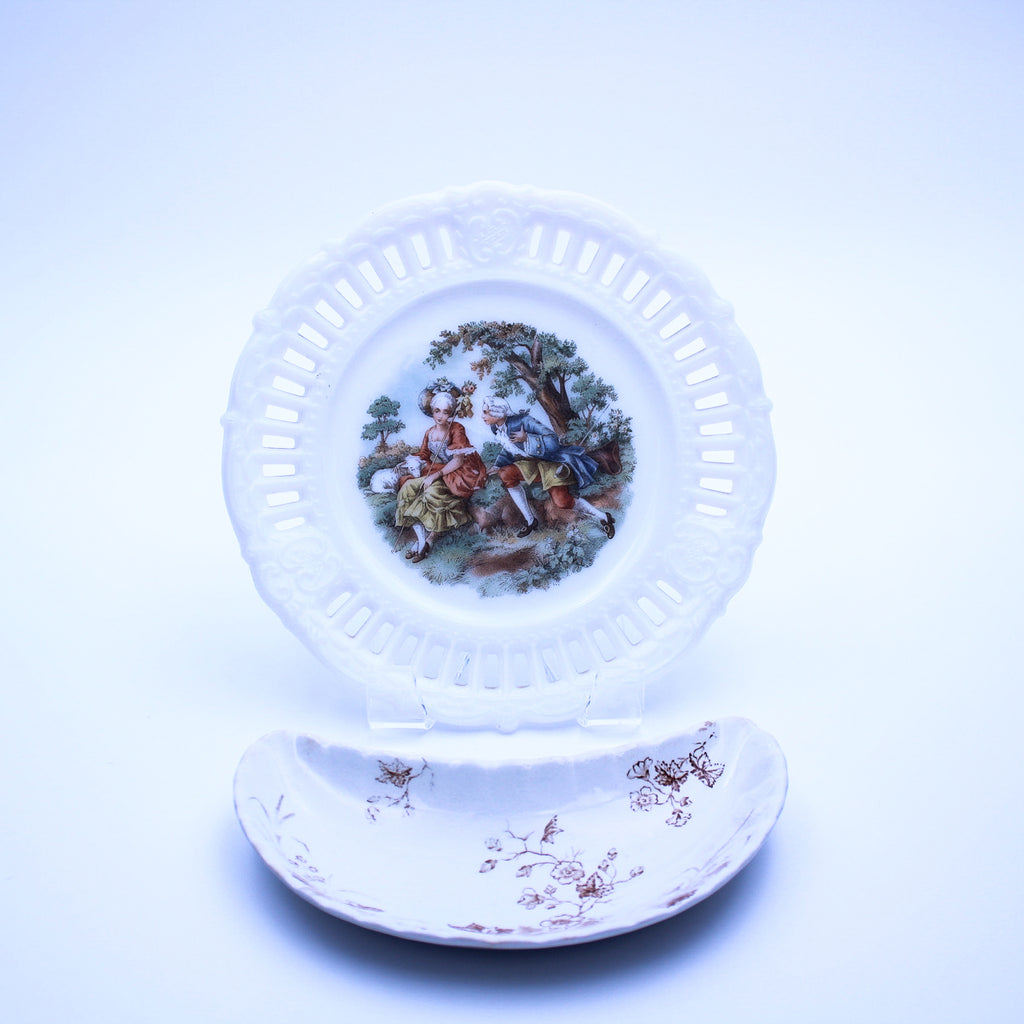 Vintage Kemple Milk Glass Openwork Plate w/ Romantic Scene