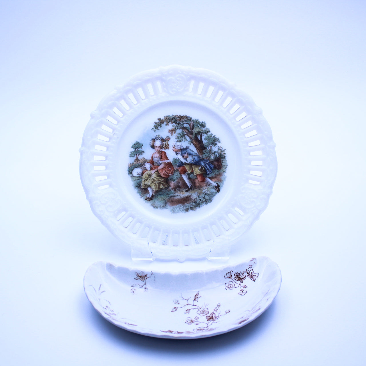 Vintage Kemple Milk Glass Openwork Plate w/ Romantic Scene