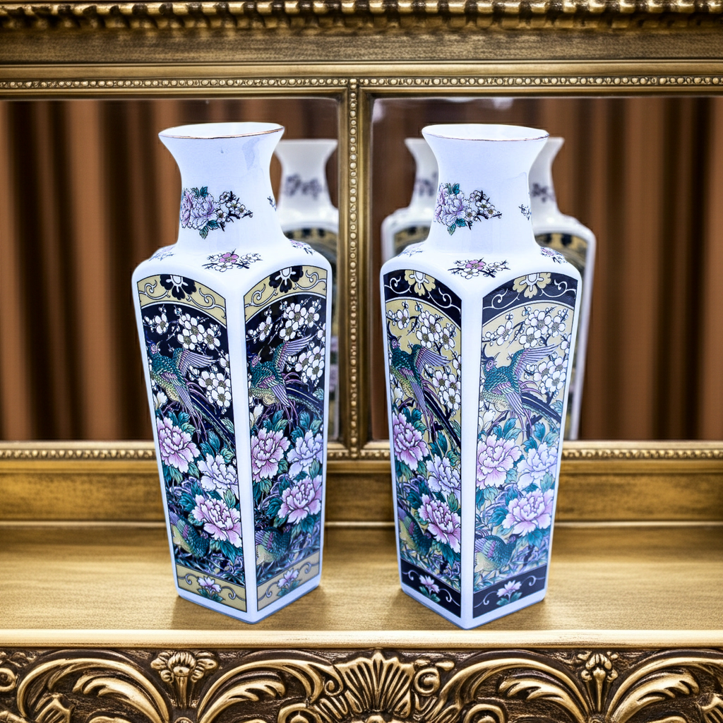 Vintage Empress by Haruta Ceramic Vases Set, Floral & Bird Square Design