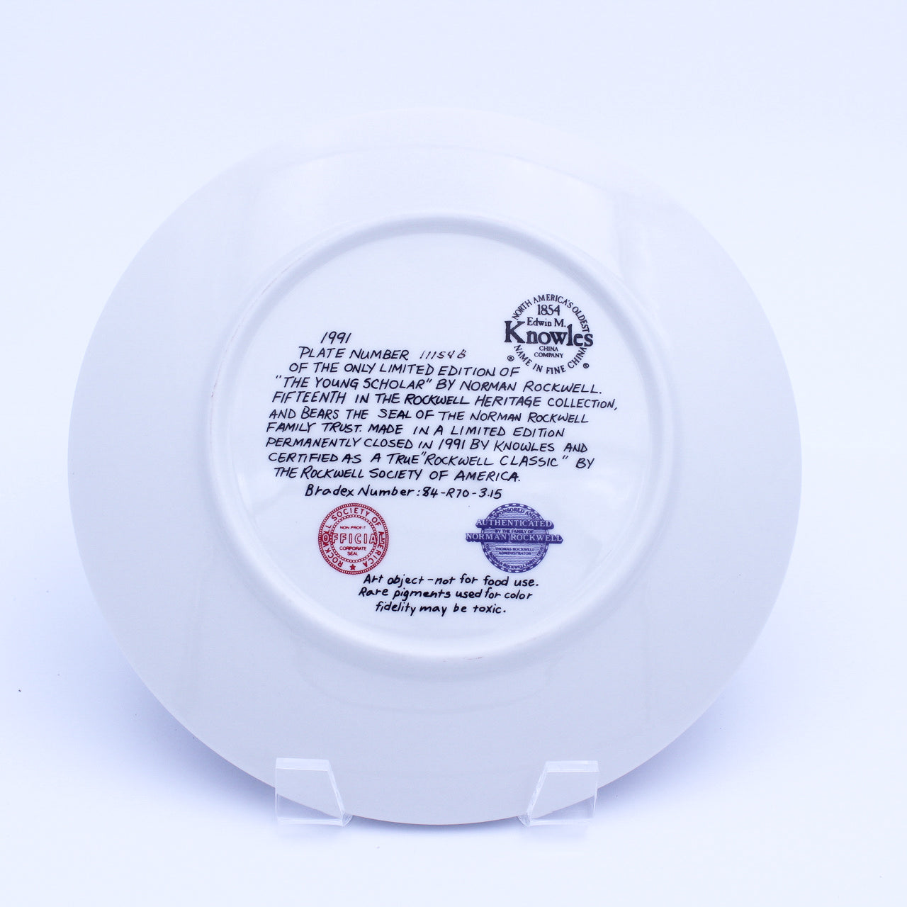 Norman Rockwell Plate – The Young Scholar – Knowles Heritage – COA & Box – 1991