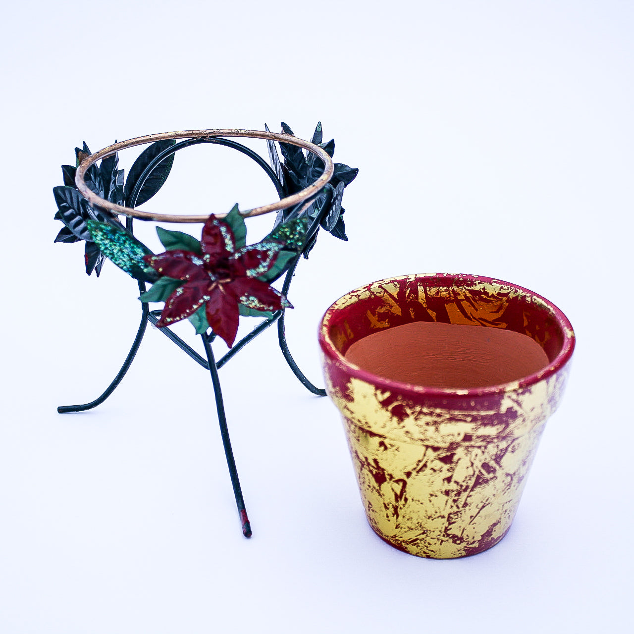 Vintage Metal Poinsettia Decorative Holder with Red Clay Pot Gold Accent