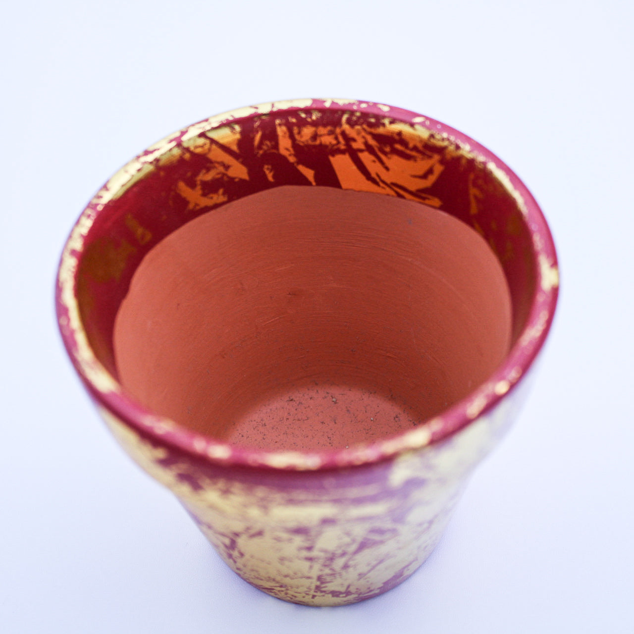 Vintage Metal Poinsettia Decorative Holder with Red Clay Pot Gold Accent