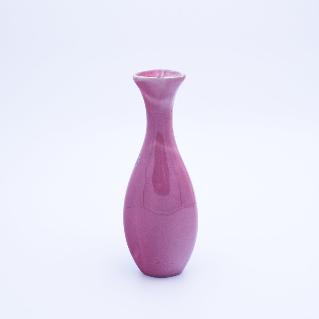 1980s Soft Pink Floral Bud Vase with Gold Trim