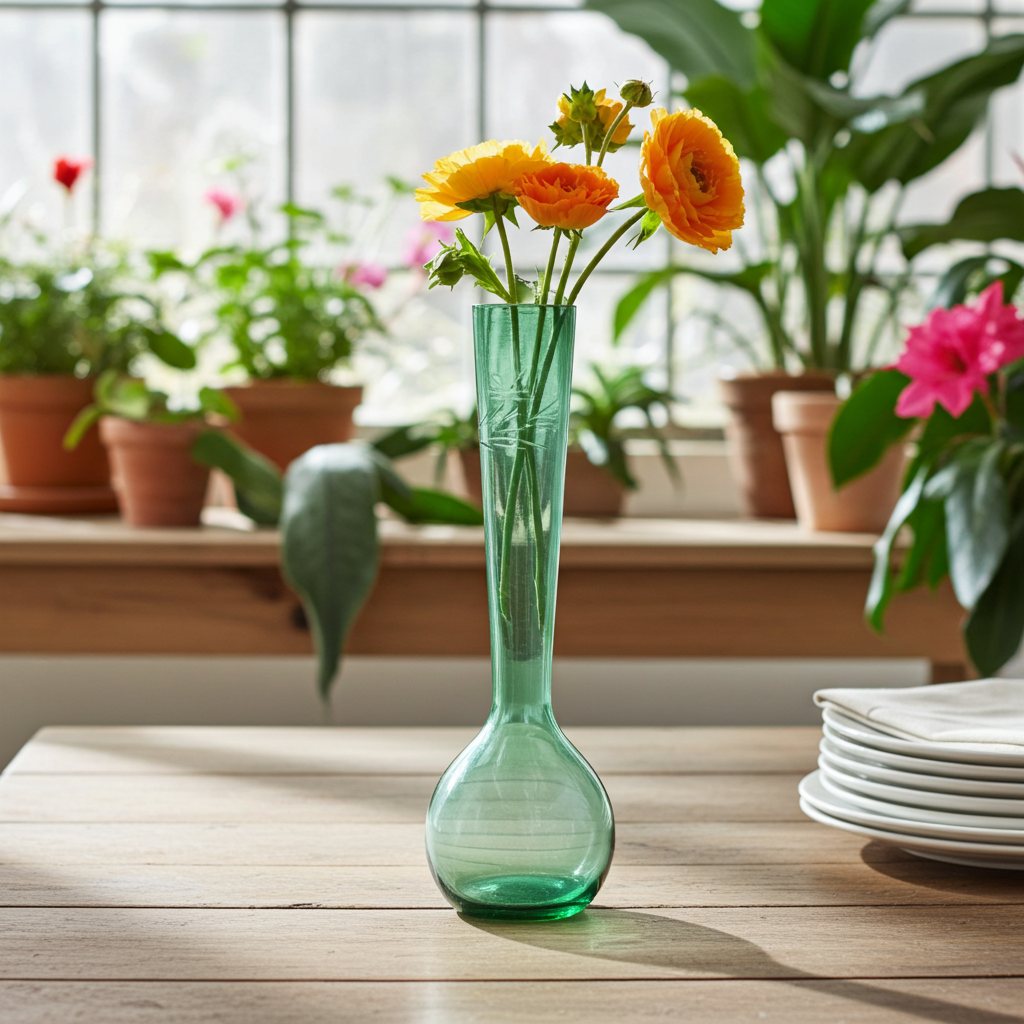 Vintage 8.5" Hand-Blown Green Glass Bud Vase with Floral Etching