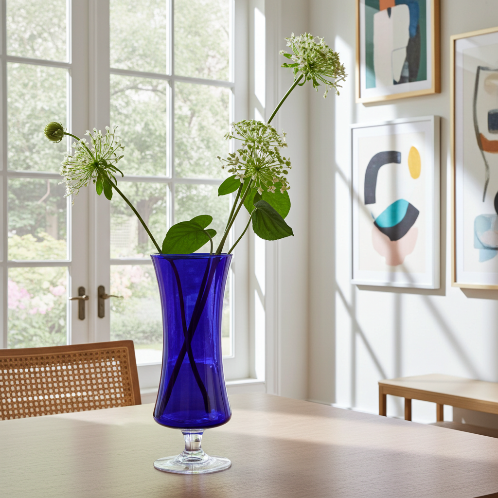 Blue Cobalt Glass Vase, Clear Pedestal, 9.5 in