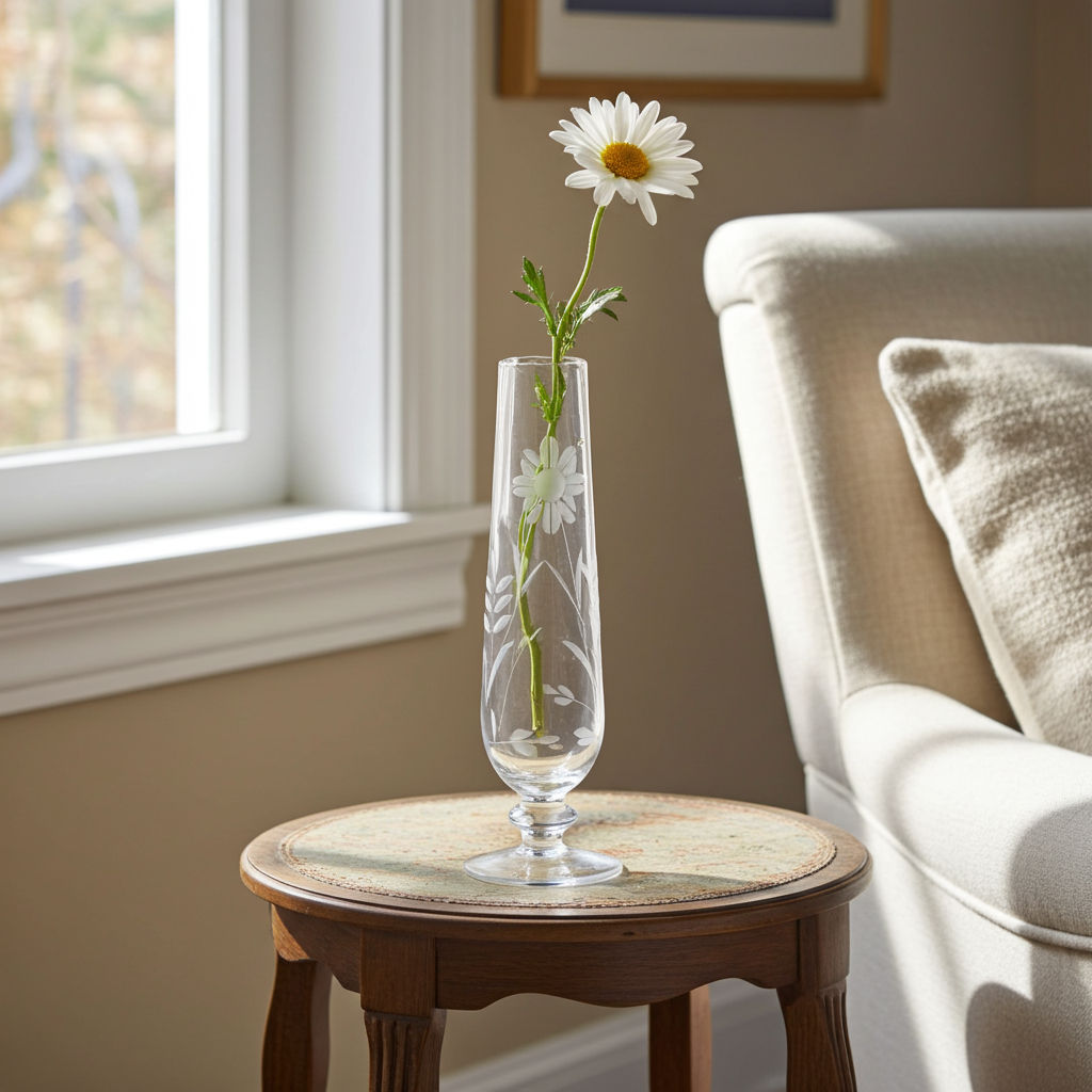 Vintage 9" Clear Glass Bud Vase with Pedestal Base & Floral Etching