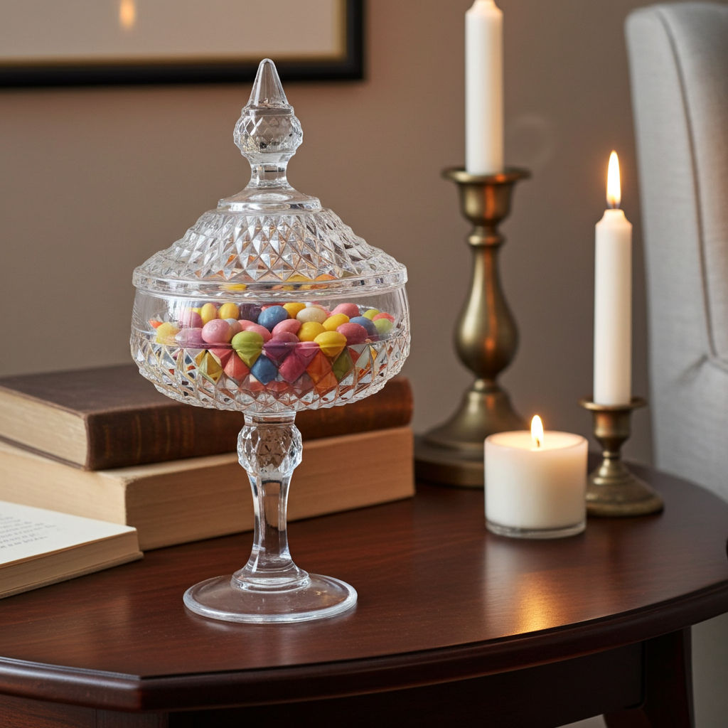 Vintage Indiana Glass Diamond Point Pedestal Candy Dish w/ Lid, 12"