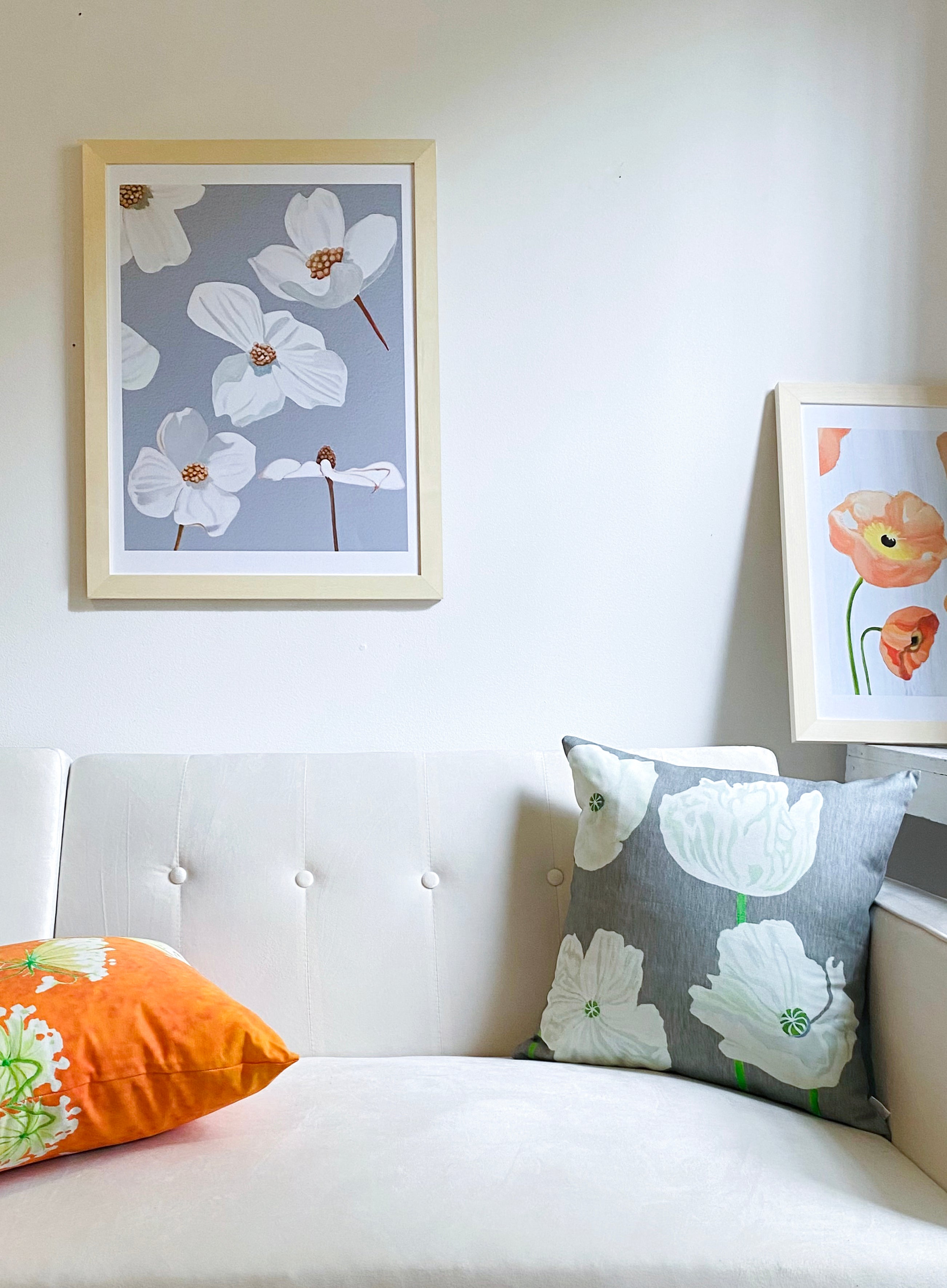 Throw Pillow: White Poppies on Grey