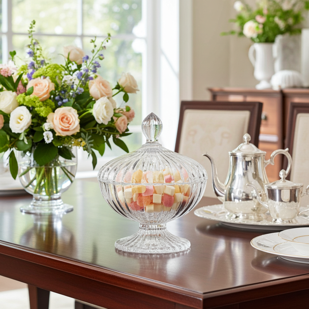 Vintage Jeanette Glass National Ribbed Footed Candy Dish w/ Lid