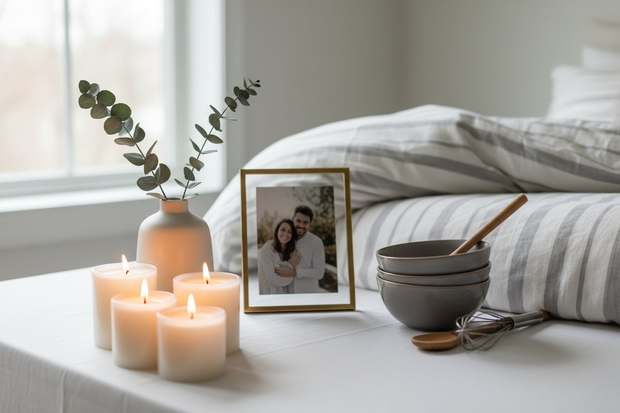 An image that reflects a Home & Living collection that has items like Home Fragrance candles, Home Decor, Kitchen Essentials, Bedroom Comforters
