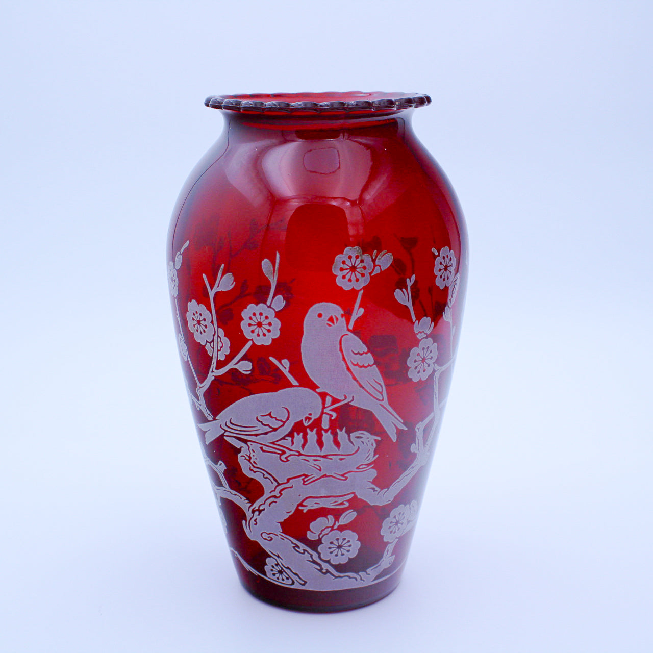 Vintage Anchor Hocking Royal Ruby Vase, Bird & Blossom Etch, 9"