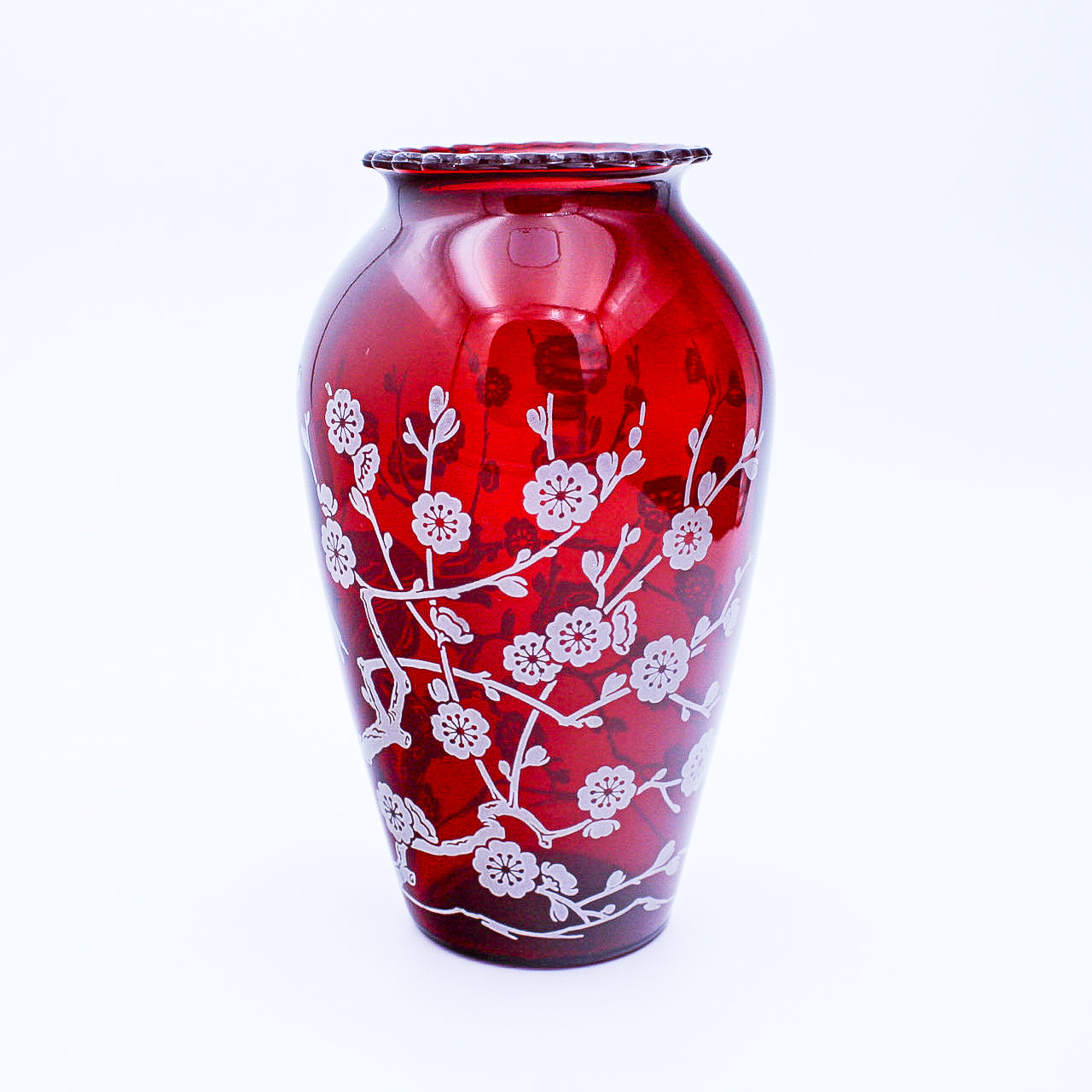 Vintage Anchor Hocking Royal Ruby Vase, Bird & Blossom Etch, 9"