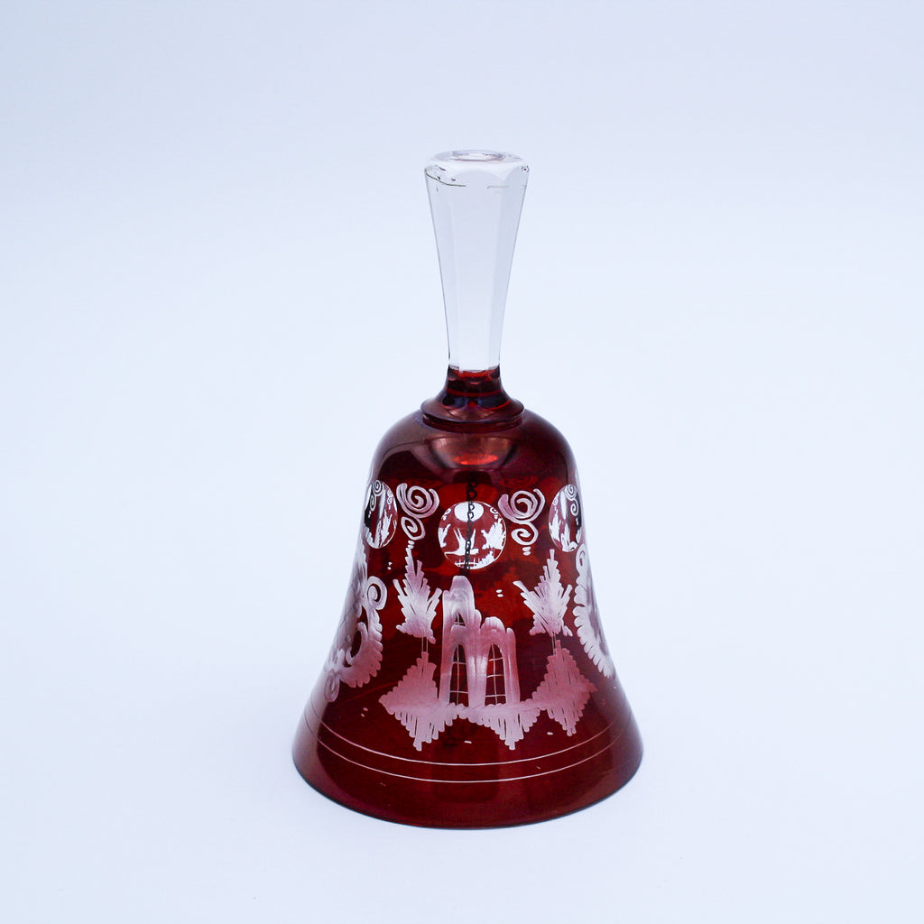 Vintage Bohemian Ruby Red Cut‑to‑Clear Glass Bell Bird Castle Motif 5.5"